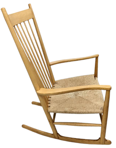 lot 9 image: HANS WEGNER 1977 Danish Mid Century Modern Wood Rocking Chair with Woven Seat- J16