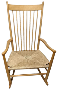 lot 12 image: HANS WEGNER 1977 Danish Wood Rocking Chair with Woven Seat- J16