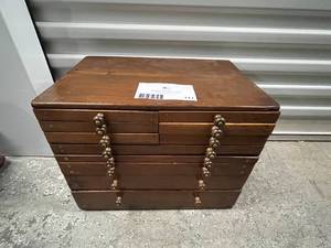 lot 111 image: Vintage Wooden11 Drawer Jewelry Case- 10.5 x 16 x 12.25