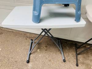 Plastic tables, stepstool and cart