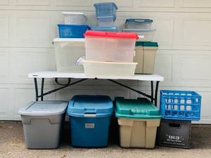 14 Plastic Totes, 2 Plastic Crates