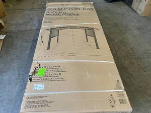 lot 15 image: Hampton Bay Orchard Park 10.6 ft. x 13.3 ft. Brown Steel Arched Beam Pergola with Sling Canopy DAMAGED