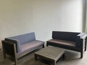 lot 28 image: 3 Piece Patio Set with purple cushions USED