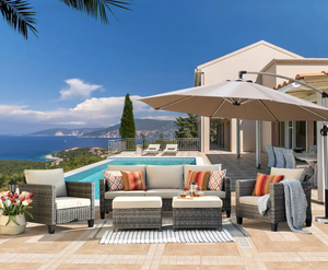 lot 30 image: XIZZI Megon Holly Gray 5-Piece Wicker Outdoor Patio Conversation Seating Sofa Set with Beige Cushions