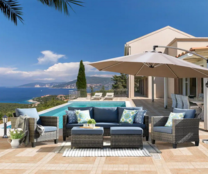 lot 40 image: Megon Holly Gray 5-Piece Wicker Outdoor Patio Conversation Seating Sofa Set with Denim Blue Cushions