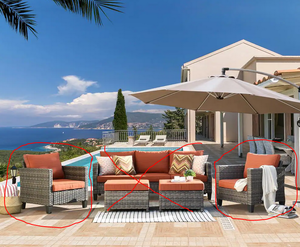lot 47 image: XIZZI Megon Holly Gray 2-Piece Wicker Outdoor Patio Conversation Seating Chair Set with Orange Red Cushions