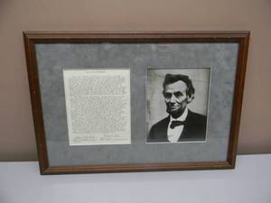 lot 10 image: RARE FRAMED PIECE HAND PRINTED PHOTOGRAPH - Abraham Lincoln Gardner Photo From Meserve - WITH LETTER OF CERTIFICATION - AWESOME PIECE - VERY NICE - APPROX 25 By 17 - SEE PICTURES