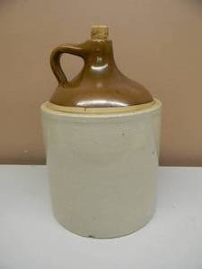 lot 21 image: Vintage Large Stoneware Pottery Whiskey Jug Crock With Strap Handle - VERY COOL PIECE - NICE - APPROX 14 - SEE PICTURES