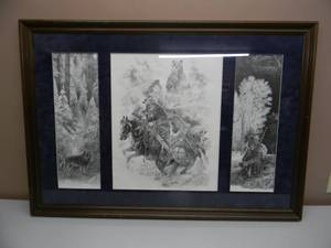 lot 30 image: RARE piece Framed Art Piece By Bill ONeil - Western, Wildlife and Native American Art by Livingston, Montana Artist, Bill ONeill - FANTASTIC PIECE - VERY NICE - APPROX 44 By 32 - SEE PICTURES