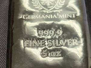 lot 63 image: 5 TROY OZ .999 FINE SILVER BAR GERMANIA MINT SEALED