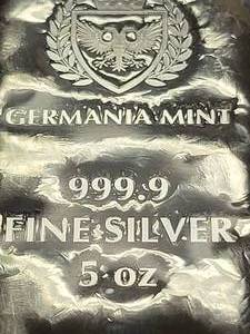lot 71 image: 5 TROY OZ .999 FINE SILVER BAR GERMANIA MINT SEALED