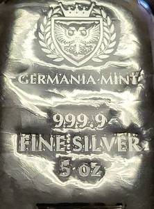 lot 97 image: 5 TROY OZ .999 FINE SILVER BAR GERMANIA MINT SEALED