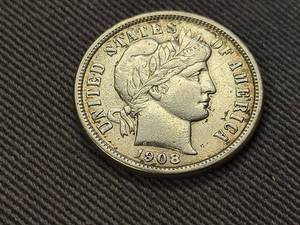 lot 119 image: 1908-D US BARBER DIME FULL LIBERTY