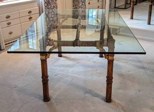 Vintage Glass Topped Wood and Brass Dining Table