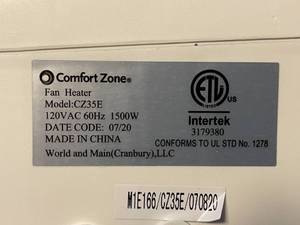 Comfort Zone Fan  Heater  Model CZ35E