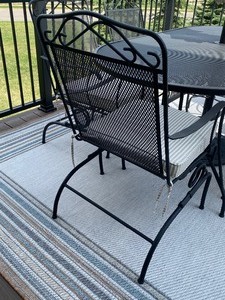Black Iron Mesh Patio Table with Quality Umbrella and Six Chairs