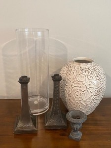 White Decorative Textured Vase, Clear Cylinder Base and Candlestick Holders