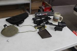 lot 775 image: Lot of (8) Hunting Equipment - Scopes (x2), Duck Calls (x2), Gun Case, Flashlight, Mug, Flask