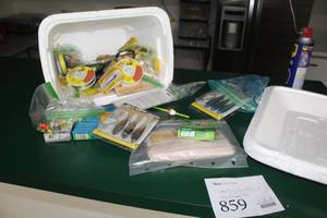 lot 859 image: Misc. Fishing Gear (in styrofoam tub) - Lures, Jigs, Bait, Line