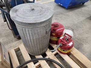 lot 46 image: (2) Metal Safety Cans, (1) Metal Trash Can