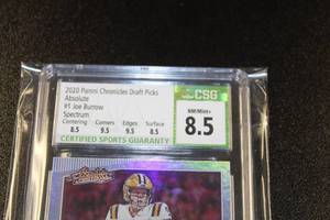 lot 19 image: 2020 Chronicles Draft Absolute Spectrum Joe Burrow #1 Rookie Card CSG 8.5