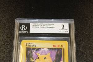 lot 23 image: 1999-2002 Pokemon American Promos WOTC E3 Gold Stamped Pikachu BGS 3