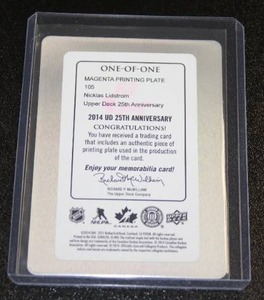lot 43 image: 2014 UD 25th Anniversary Nicklas Lidstrom #105 Magenta Printing Plate 11  Only 1 Exist