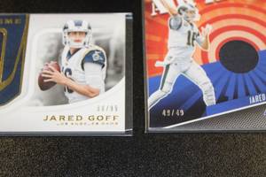 lot 72 image: Jared Goff Jersey Relic Football Card Lot  2 Jersey Cards