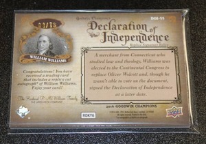 lot 92 image: 2016 Goodwin Champions Declaration of Independence Relic Signature Relics William Williams 6476  Only 76 Exist