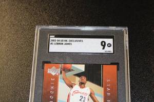 lot 155 image: 2003-04 UD Rookie Exclusives LeBron James #1 SGC 9