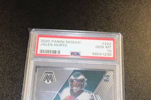 lot 185 image: 2020 Mosaic Jalen Hurts #222 Rookie Card PSA 10
