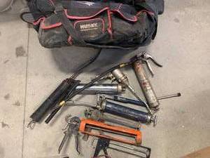Grease Gun Lot & Husky Tool Bag