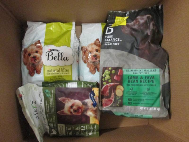 box of 3lb bags of dog food ...