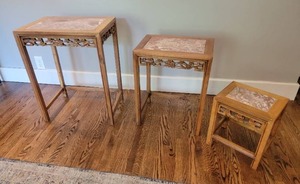 lot 88 image: Vintage Stone Top Carved Nesting Tables