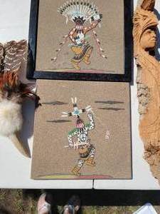 lot 57 image: Navajo Sand Paintings, Turkey Fan and Wood Carving
