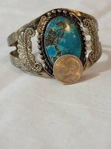 lot 10 image: Chunky Native American Sterling with Turquoise Bracelet, signed