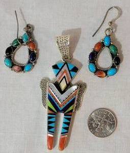 lot 196 image: Native American Sterling Multi Stone Pendant and Earrings, signed NB