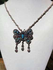 lot 237 image: Sterling Silver Turquoise  Coral  Amethyst Butterfly Pendant