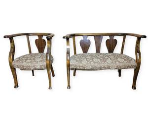 lot 404 image: Stunning Vintage Wooden Upholstered Loveseat & Chair Set