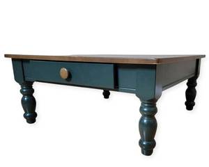 lot 406 image: Rustic Green and Natural Wood Coffee Table 36 x 36 x 16