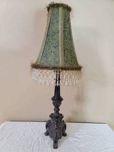 lot 425 image: Vintage Brass Base Lamp W Green Tassel Lamp Shade 31