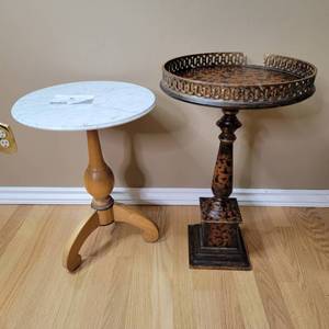 lot 442 image: Two Beautiful Vintage Round Side Tables 15 x 20.75 & 14.5 x 24.5