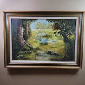lot 459 image: Vintage Custom-Framed Original Signed Painting by Renowned Artist Edna Marie Eddy Johnson-Meadowwood