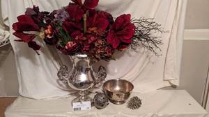lot 558 image: Silver Collection-Giant Silver-Plated Vase, Floral Arrangements, Silver Incense Burner and More
