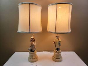 lot 437 image: Vintage Porcelain Man and Woman Lamps H 32 W 10.5 D 7