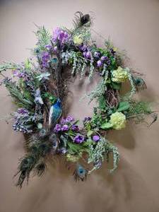 lot 695 image: Huge Stunning Peacock and Flower Wreath- One-of-A-Kind Hand-Made 48 x 52