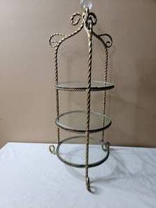 lot 697 image: Elegant French Wrought Iron Decorative Etagere with Round Glass Shelves $500 Value