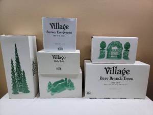 lot 614 image: 6 Miniature Village Snowy Evergreens , Trees, and More (In Boxes) for a Christmas Village, Miniature Displays