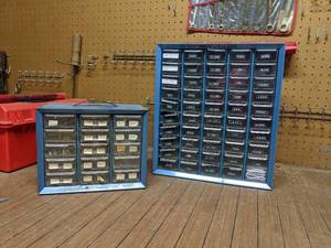 50 Drawer & 15 Drawer Spare Parts Plastic Storage Boxes Filled wover 1000 1 Watt Composition Resisters