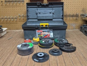Rubbermaid Tool Box Full of Assorted Grinding Wheels & Brushes